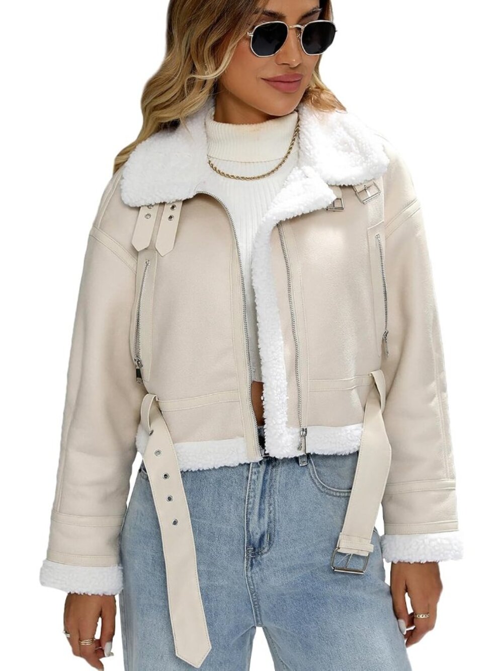 Women's Beige Faux Lamb Leather Short Jacket Loose Lapel Zipper Bomber Coat